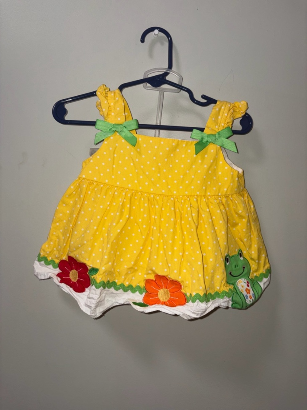 Good Lad Yellow White Polka Dot Frog Flowers Embroidered Outfit Sleeveless 18 M